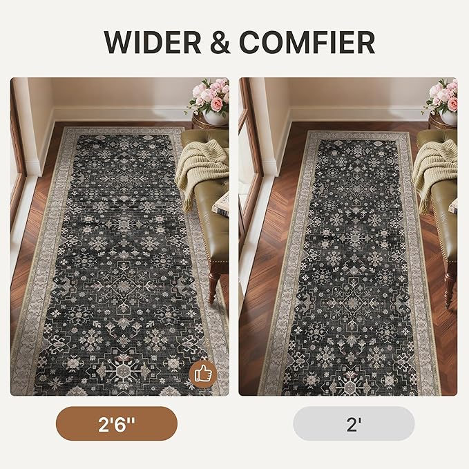 GENIMO 2'5x10 Runner Rug,Machine Washable Non-Slip Vintage Rugs,Low Pile Lightweight Carpet for Bedroom,Hallway,Entryway,Kitchen,Bathroom,Black