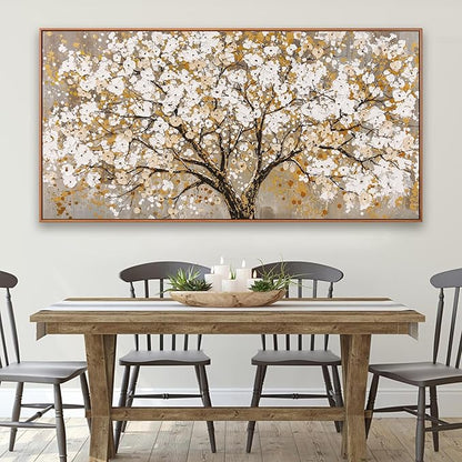 Large Wall Art Print Gold Abstract Tree Of Life Framed Modern Artwork Canvas Painting Gold Tree Pictures Home Decor Ready To Hang For Bedroom Living Room 29" X 58"
