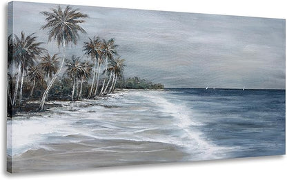 Coastal Wall Art Blue Gray Beach Wall Decor Landscape Abstract Canvas Painting Modern Ocean Artwork Framed for Living Room Bedroom Bathroom Office Decor 48"x24"Can Be Hung Directly