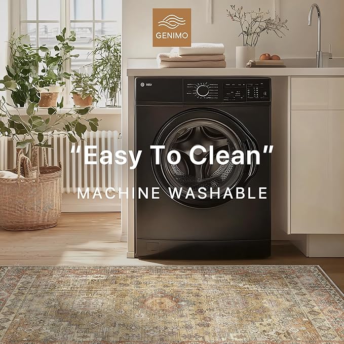 GENIMO Machine Washable 8x10 Area Rugs for Living Room, Non Slip Vintage Rugs, Low Pile Lightweight Chenille Print Rug for Bedroom, Dining Room, Home Office, Taupe Mocha