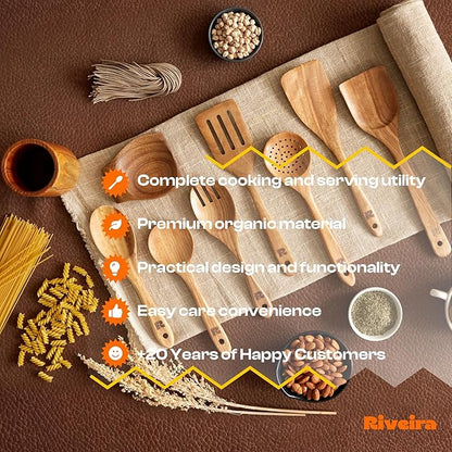 Riveira 9 Pieces Teak Wooden Spoons For Cooking – Premium & Durable Organic Teak Wooden Cooking Utensils – Non Stick Wooden Spatula For Cooking – Non Toxic Utensil Set With Holder & Spoon Rest