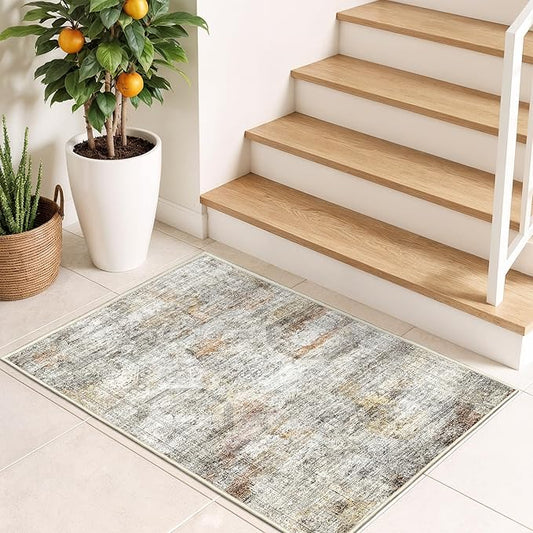 2x3 Washable Rug Runner for Bathroom, Soft Entryway Rug for Laundry Room, Kitchen, Vintage Abstract Hallway Runner for Bedroom, Anti-Slip Door Mat Indoor Entrance(2'x3', Grey/Rust)