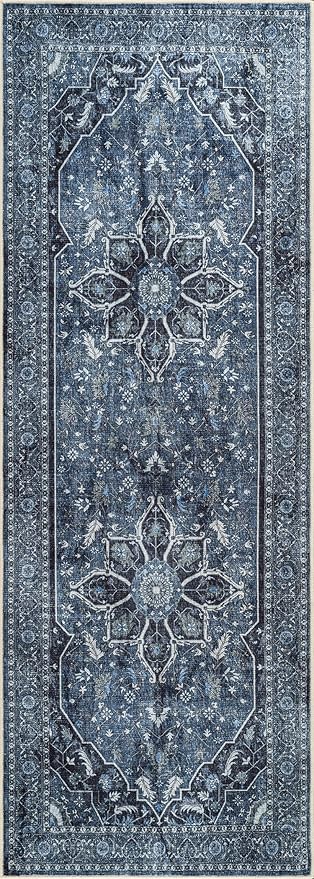 Bloom Rugs Caria Washable Non-Slip 10 ft Runner - Blue/Charcoal Traditional Runner for Entryway, Hallway, Bathroom, and Kitchen - Exact Size: 2'6" x 10'