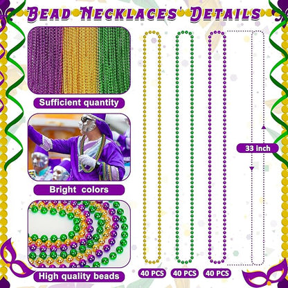 120PCS Mardi Gras Beads, 33" Beaded Necklace, Purple Gold Green Mardi Gras Accessories, Party Costume Necklaces Parade Throws Women Men Beads Bulk for Party Event Favors Supplies Decorations