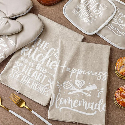 Sratte 6 Pcs Kitchen Decor Accessories Set Farmhouse Towels Pot Holders Oven Mitts Set 2 Dish Towels 2 Potholders 2 Cooking Mittens Oven Glove for Christmas Baking Cooking Supply(Beige,Kitchen)