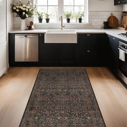 Boho Taupe Brown 3x5 Large Entryway Rug - Modern Vintage Golden Floral Oriental Neutral, Washable Low Pile Non-Slip Area Rugs for Door Mat Indoor Entrance, Kitchen, Laundry
