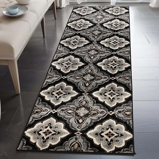Superior Crawford Collection Area Rug, 8mm Pile Height with Jute Backing, Gorgeous Mediterranean Tile Pattern, Fashionable and Affordable Woven Rugs - 2'7" x 8' Runner, Black