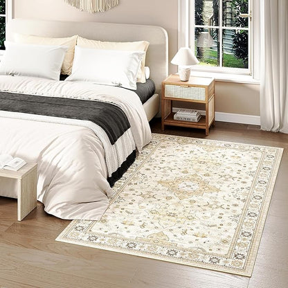 3x5 Area Rug for Entryway, Small Beige Boho Washable Rug, Soft Modern Low Pile Indoor Doormat, Carpet for Bedroom Bedside Living Room Bathroom Playroom Kitchen Dining Room Laundry, Beige/Gold