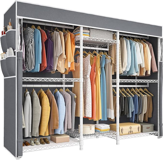 Raybee Clothing Rack with Cover Heavy Duty Clothes Rack with Shelves,Portable, Adjustable,Metal,Max Load 900lbs,White