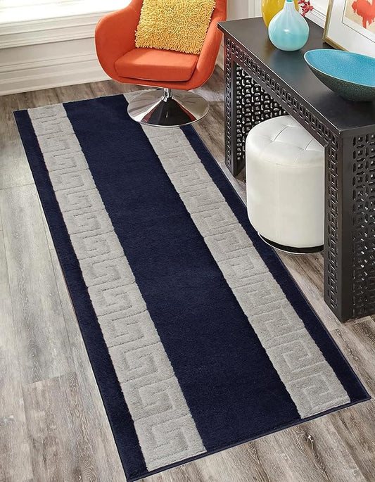 Washable Custom Size Runner Rug Meander Design Navy Blue and Grey, (11 Feet Length x 26 Inch Width) Custom Cut Slip Resistant Rubber Backing Runner Rugs, Extra Long Runner Rugs for Hallways