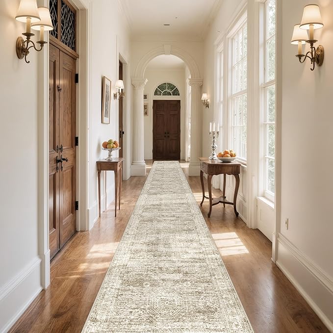 Washable Runner Rug 2.5x16, Non-Slip Long Hallway Runner for Entryway, Soft Vintage Kitchen Mats for Floor, Abstract Dining Room, Bedroom, Living Room Rugs(2.5'x16', Brown/Ivory)