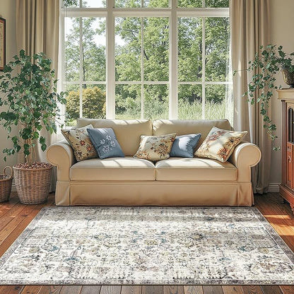 jinchan Area Rug 4x6 Washable Bedroom Rug Vintage Indoor Thin Floor Cover Retro Accent Mat Distressed Floral Country Boho Non Slip Carpet for Living Room Kitchen Dining Room Office Blue Multi