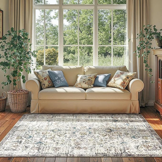 jinchan Area Rug 4x6 Washable Bedroom Rug Vintage Indoor Thin Floor Cover Retro Accent Mat Distressed Floral Country Boho Non Slip Carpet for Living Room Kitchen Dining Room Office Blue Multi