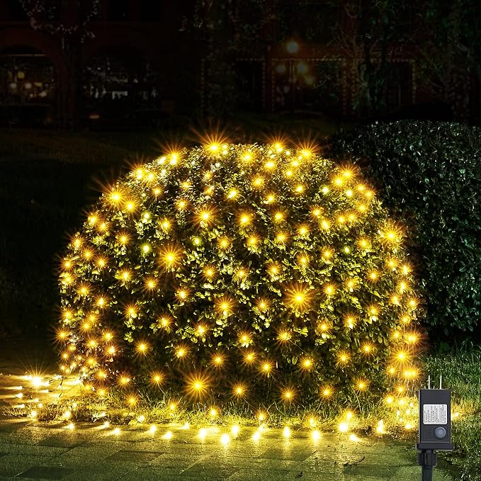 WBao Christmas Lights Outdoor, 200LED 8.4ft x 5.2ft Christmas Net Lights with 8 Modes, Timer, End to End Connectable, Waterproof LED Net Lights for Lawn, Bushes, Trees Xmas Decorations, Warm White