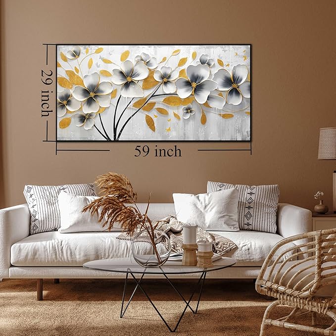 Large White and Yellow Flower Canvas Wall Art With Black Wood Frames for Living Room Bedroom Home Office Modern Grey Canvas Prints Framed Wall Art Size 30x60