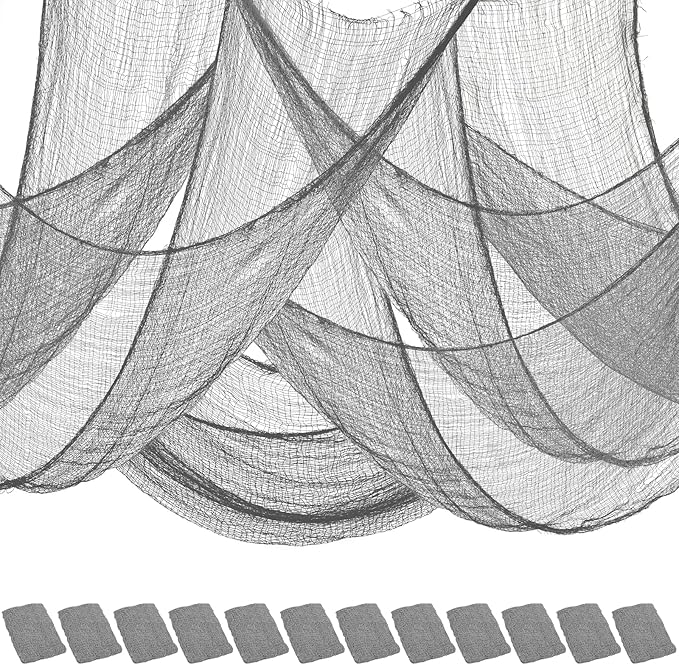 Legigo 12 Pack Grey Halloween Creepy Cloths Cheesecloths, Spooky Black Mesh Fabric Cheese Cloths for Crafts, Scary Gauze Fabric for Party Supplies Home Wall Doorway Outdoor Yard Decor