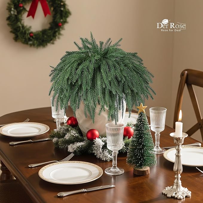 Der Rose 12Pcs Christmas Norfolk Pine Stems, 18 Inch Artificial Pine Branches Faux Cedar Stems Greenery Picks for Xmas DIY Crafts Wreath Garland Home Outdoor Christmas Decorations Indoor