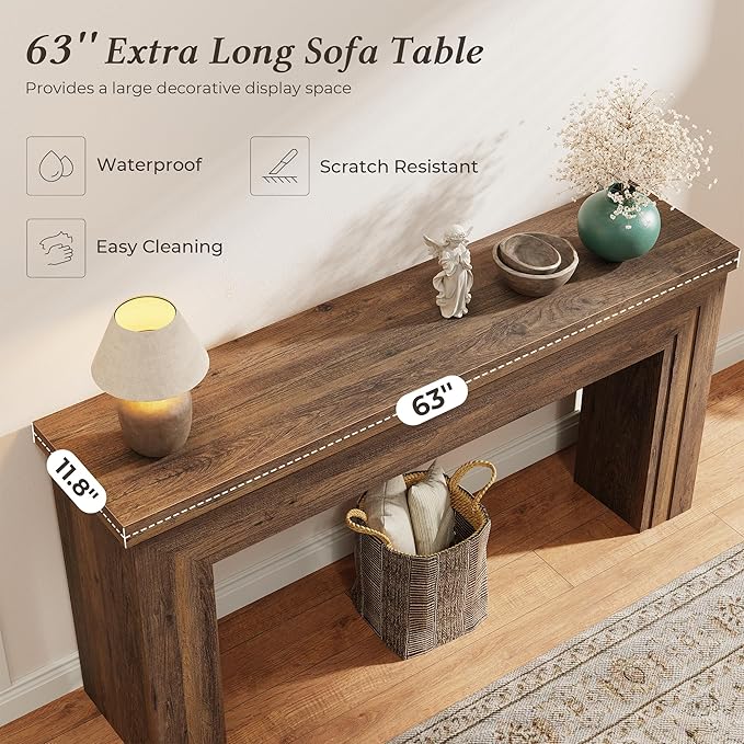 Huuger 63 Inch Entryway Table, Retangular Console Table with Storage, Farmhouse Sofa Table Behind The Couch, Long for Entrance, Hallway, Foyer, Living Room, Rustic Brown
