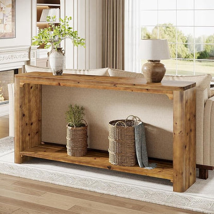 2-Tier Solid Wood Console Table, 63" Farmhouse Couch Table Behind Sofa, Entryway Table with Storage for Living Room, Entrance, Foyer, Hallway (Rustic Brown)