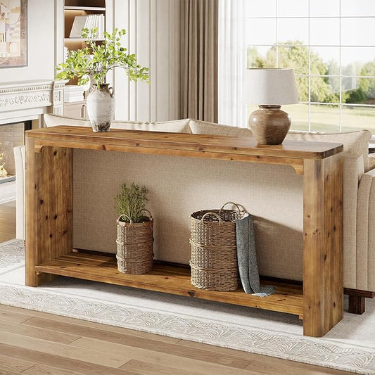 2-Tier Solid Wood Console Table, 63" Farmhouse Couch Table Behind Sofa, Entryway Table with Storage for Living Room, Entrance, Foyer, Hallway (Rustic Brown)