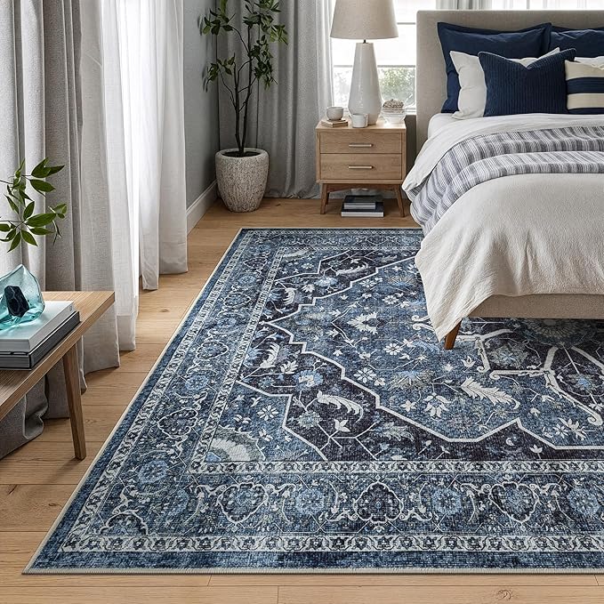 Bloom Rugs Caria Washable Non-Slip 8x10 Rug - Blue/Charcoal Traditional Area Rug for Living Room, Bedroom, Dining Room, and Kitchen - Exact Size: 7'8" x 10'