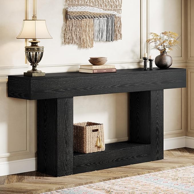 Tribesigns 63" Console Table, Farmhouse 2-Tier Entryway Table with U-Shaped Base, Narrow Long Wood Sofa Table Behind Couch Table for Living Room, Hallway, Foyer, Black
