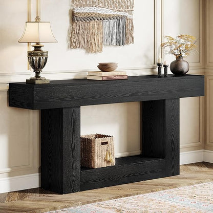 Tribesigns 63" Console Table, Farmhouse 2-Tier Entryway Table with U-Shaped Base, Narrow Long Wood Sofa Table Behind Couch Table for Living Room, Hallway, Foyer, Black