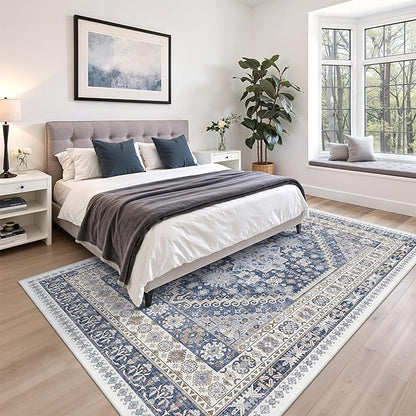 zesthome 7x9 Area Rug, Super Soft Washable Rugs for Living Room, Non-Slip Stain Resistant Vintage Rugs, Ultra-Thin Large Area Rugs (Blue/Beige,7'x9')