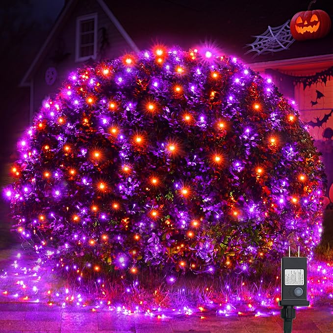 WBao Halloween Lights Outdoor 200LED 8.4ft x 5.2ft Orange Purple Halloween Net Lights with 8 Modes, Timer, Connectable, Waterproof & Dark Green Wire for Lawn, Bushes, Trees, Outdoor Holiday Decor