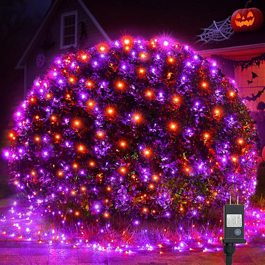 WBao Halloween Lights Outdoor 360LED 11.5ft x 6.9ft Halloween Net Lights with 8 Modes, Timer, Connectable, Waterproof & Dark Green Wire for Lawn, Bushes Outdoor Holiday Decorations, Orange Purple