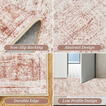Washable Runner Rugs for Bedroom - 2x6 Runner Rug Non Slip, Ultra-Thin Entryway Runner, Soft Abstract Kitchen Runner for Hallway, Laundry, Bathroom, Indoor Door Mat(2'x6', Pink/Ivory)