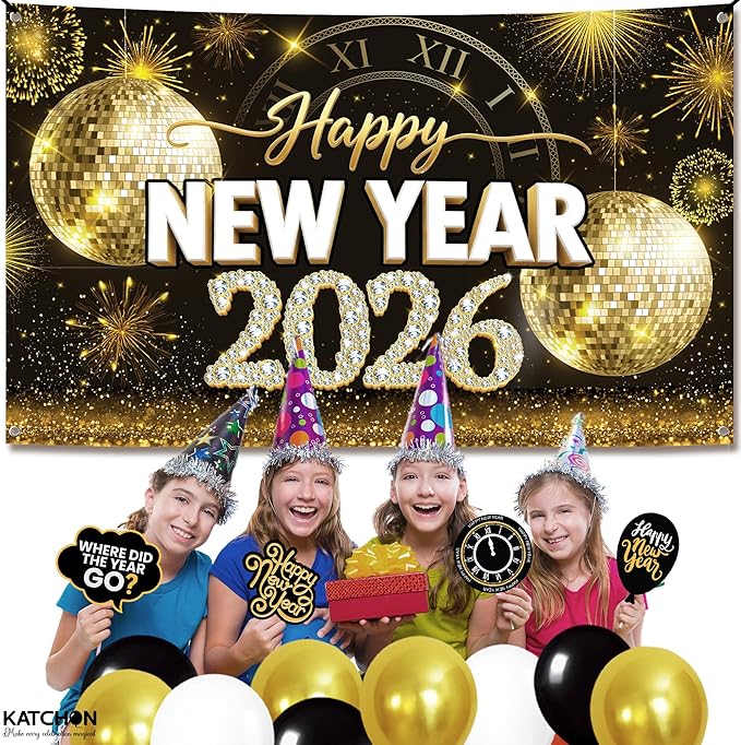 KatchOn, XtraLarge Happy New Year Banner - 72x44 Inch | Gold Happy New Year Backdrop 2026 for New Years Decorations 2026 | NYE Banner for NYE Decorations 2026 | New Years Eve Party Supplies 2026