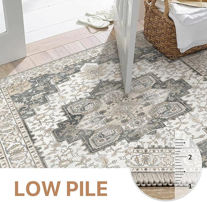 GENIMO 8x10 Area Rugs for Living Room, Machine Washable Non Slip Vintage Rugs, Low Pile Lightweight Chenille Print Rug for Bedroom, Dining Room, Home Office, Heathered Grey