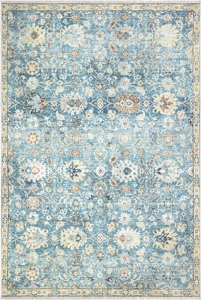 Bloom Rugs Caria Washable Non-Slip 5x7 Rug - Blue/Beige Traditional Area Rug for Living Room, Bedroom, Dining Room, and Kitchen - Exact Size: 5' x 7'