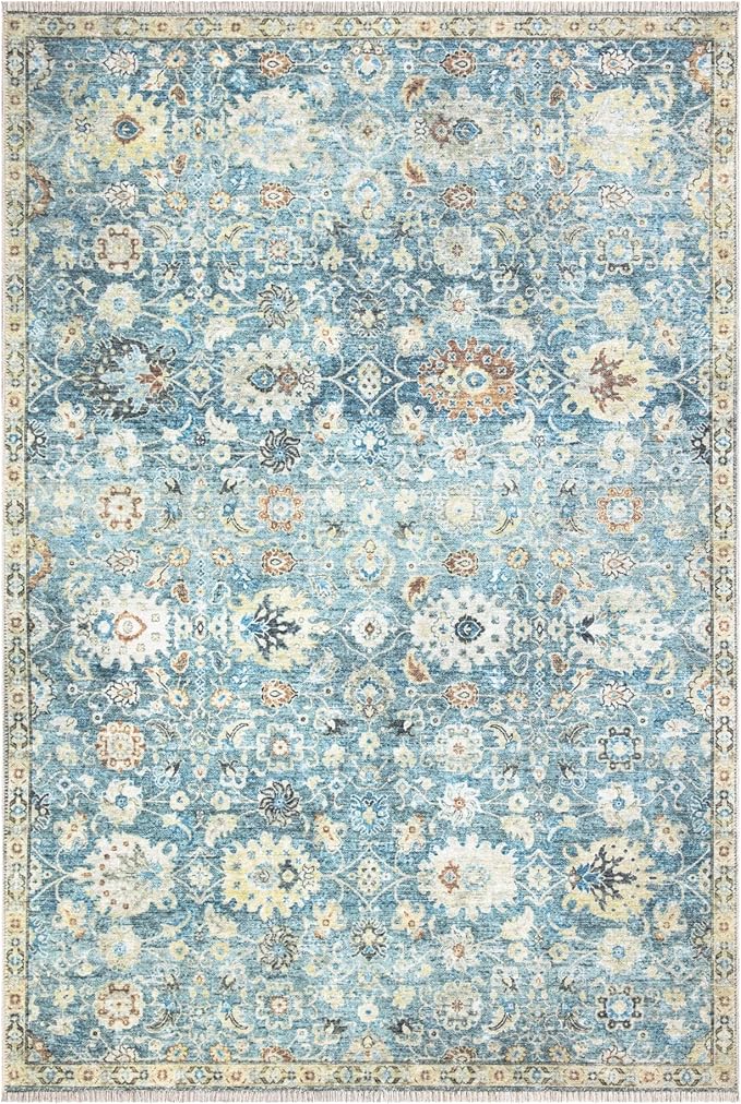 Bloom Rugs Washable Non-Slip 2x3 Rug - Blue/Beige Traditional Oriental Area Rug for Living Room, Bedroom, Dining Room, and Kitchen - Exact Size: 2' x 3'