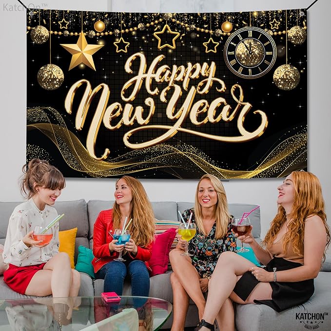 KatchOn, XtraLarge Happy New Year Banner - 72x44 Inch | Happy New Year Backdrop for Happy New Years Decorations 2026 | NYE Decorations 2026, New Years Eve Party Supplies 2026