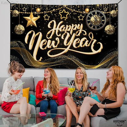 KatchOn, XtraLarge Happy New Year Banner - 72x44 Inch | Happy New Year Backdrop for Happy New Years Decorations 2026 | NYE Decorations 2026, New Years Eve Party Supplies 2026