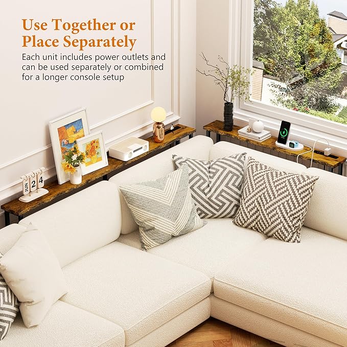 GRLEAF 39" Narrow Console Sofa Table with Built-in Power Strip (2 AC Outlets & 2 USB Ports) – 4.9ft Power Cord, Metal Frame, Easy Assembly, Ideal for Behind Couch, Hallway, and Office | Rustic Brown