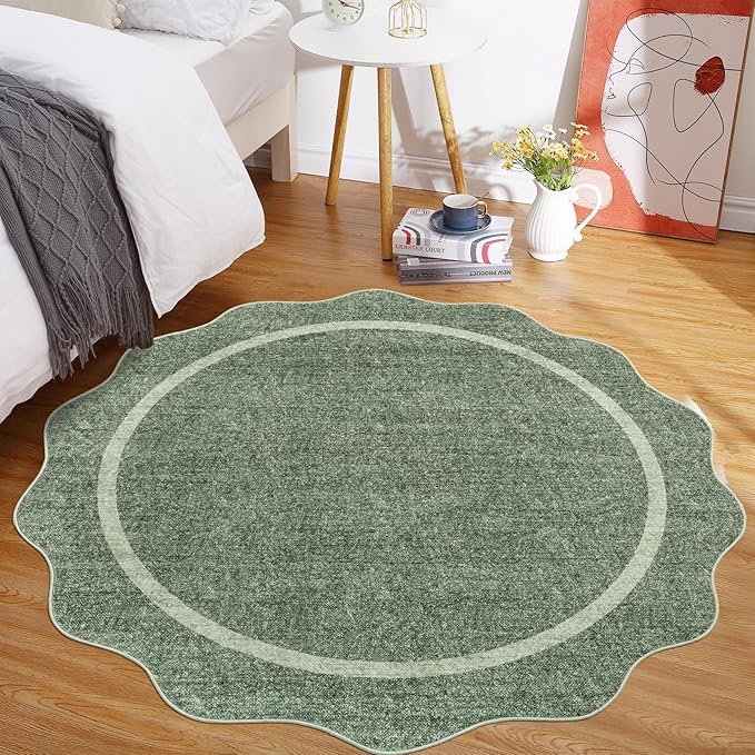 GarveeHome Scalloped Round Area Rugs, Washable Small Round Rug 3 ft Non-Slip, Soft Christmas Ultra-Thin Circle Solid Low Pile Stain Resistant Carpet for Bedroom Entryway Kitchen Laundry, Greyish Green
