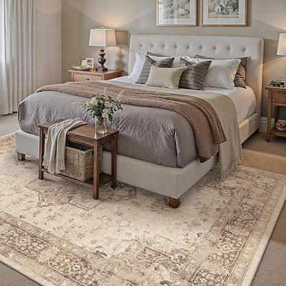 Brown 5x7 Area Rug Washable Vintage Living Room Carpet Non Slip Retro Distressed Low Pile Soft Oriental Medallion Thin Throw Rug for Kitchen Bathroom Office Bedroom Dining Room