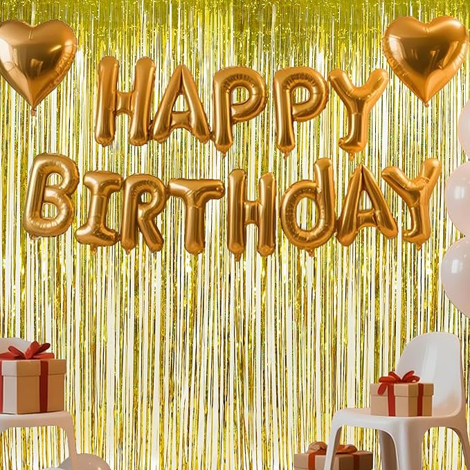 Gold Fringe Backdrop Curtain, Metallic Tinsel Foil Fringe Curtains for Birthdays Engagement Graduated Christmas New Years Party Decorations - 2 Pack 3.2×8.2ft