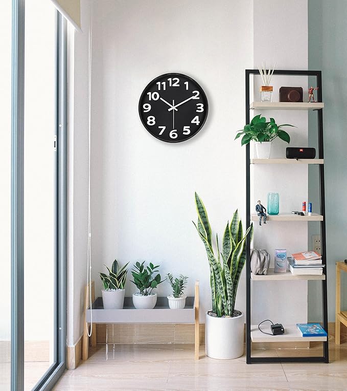45MinST 12 Inch 3D Number Dial Face Modern Indoor Outdoor Clock, Silent Non-Ticking Round Home Decor Wall Clock with Arabic Numerals (Black)