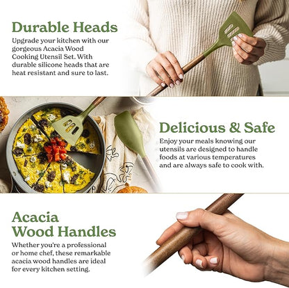 Silicone Kitchen Utensils Set & Holder: Cooking Utensils Set - Kitchen Essentials for New Home & 1st Apartment- Silicone Spatula Set, Cooking Spoons for Nonstick Cookware (Acacia Wood, Green)