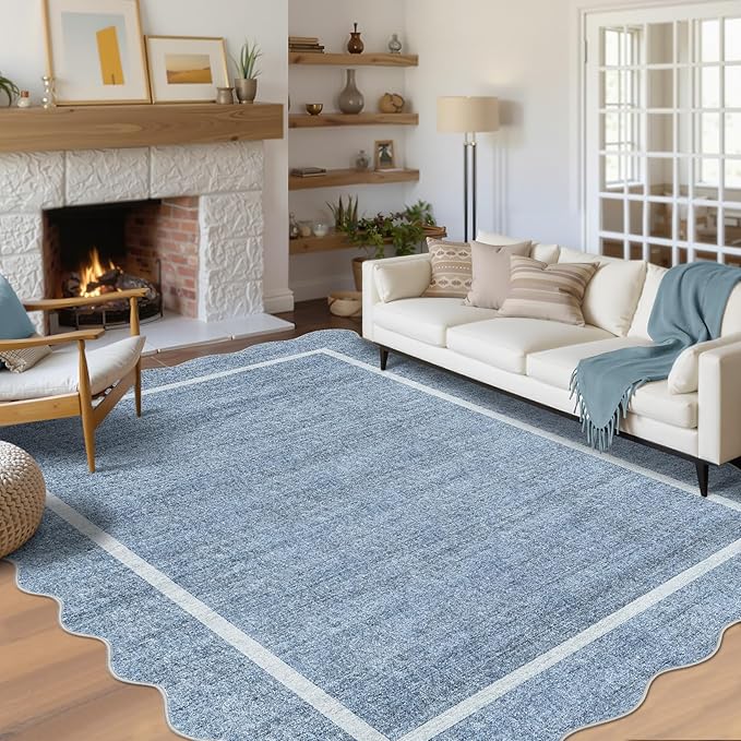 GarveeHome Scalloped Washable Rug 9x12 Area Rug for Bedroom Modern Living Room Rug Farmhouse Non Slip Large Area Rug Soft Throw Rugs Stain Resistant Carpet for Dining Room Nursery Blue 9 ft x12 ft