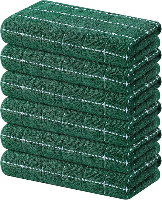 Mordimy 100% Cotton Terry Cloth Kitchen Towels, Super Soft and Absorbent Dish Towels for Drying, Checkered Designed Hand Towels for Kitchen, 16 x 26 Inches, 6 Pack, Dark Green