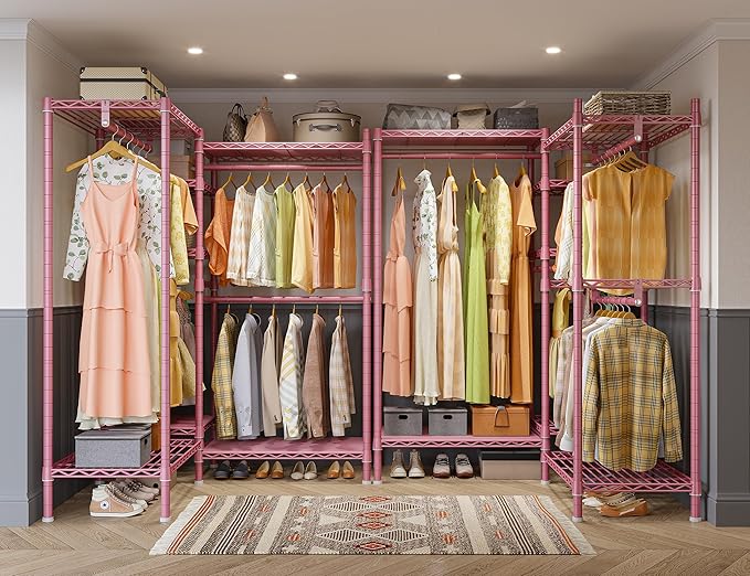 Raybee Clothes Rack Heavy Duty Clothing Racks for Hanging Clothes Adjustable Hanging Clothes Rack Garment Rack, Pink, 13.9" D x 70.6" W x 77" H