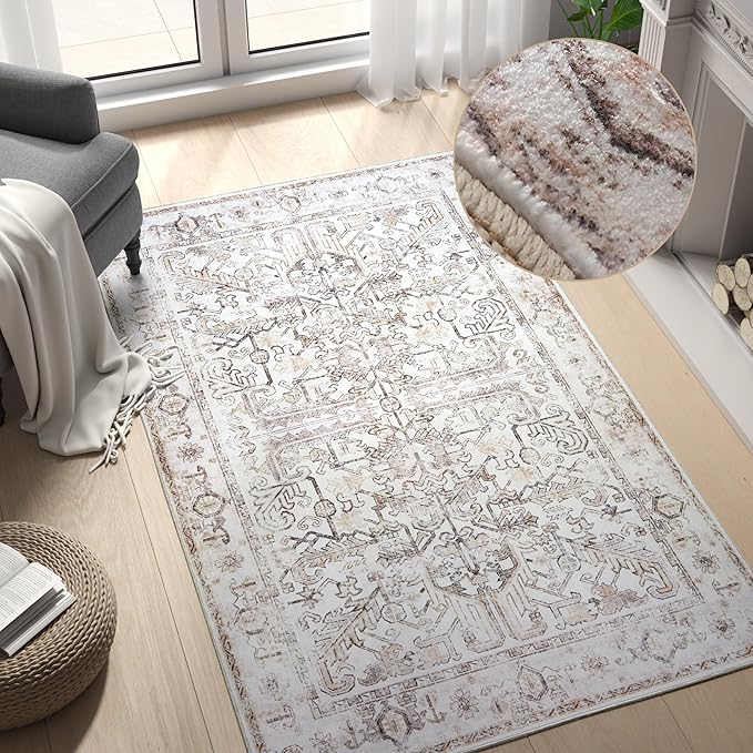 jinchan Washable Area Rug 3x5 Entryway Rug - Distressed Vintage Floral Ultra-Thin Low-Pile Soft Non-Shedding Indoor Floor Carpet for Kitchen Bedroom Entrance Laundry Living Room (3x5ft,Taupe)