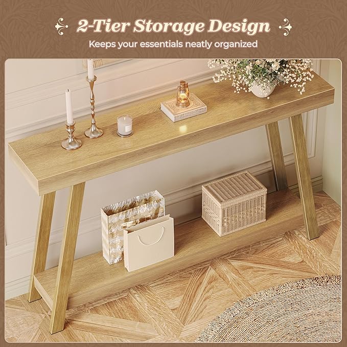 Huuger Console Table with Charging Station, USB-C Port, 2 Tiers Entryway Table, 53.9 Inch Sofa Table with Metal Legs, Entry Hallway Table with Thicker Desktop, Modern Behind Couch Table, Natural