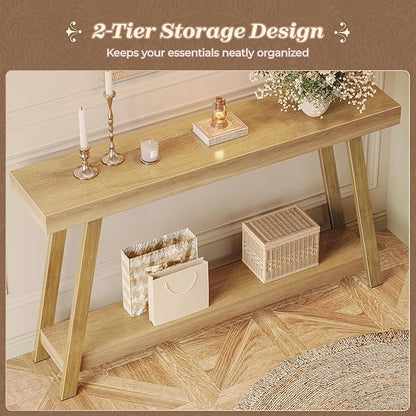 Huuger Console Table with Charging Station, USB-C Port, 2 Tiers Entryway Table, 53.9 Inch Sofa Table with Metal Legs, Entry Hallway Table with Thicker Desktop, Modern Behind Couch Table, Natural