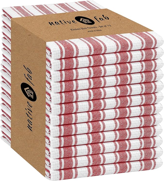 Native Fab Stripe Kitchen Towels - 100% Cotton - 12 Pack - 16"x26" - Basket Weave Striped Tea Towels, Dish Cloths for Drying Dishes, Absorbent, Quick Dry Towels Set with Hanging Loop - Red White